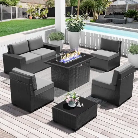 LayinSun 7 Pieces Outdoor Patio Furniture Set with 44" Fire Pit Table Rattan Sectional Sofa Conversation Sets image {10}