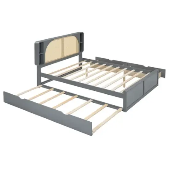 Queen Size Bed Frame with Trundle, Wood Platform Bed with Rattan Headboard & 2 Drawers, Wooden Slats Support, No Box Spring Required image {5}
