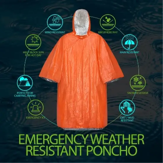 FosPower 4 Pack Emergency Ponchos for Adults, Survival Blanket Retains 90% Body Heat, Waterproof & Reusable Hiking Raincoat Hooded, Orange image {5}