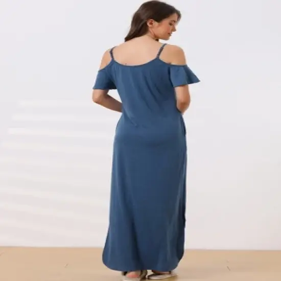 cheibear Women's Summer Cold Shoulder with Pockets Casual Maxi Maternity Lounge Dress image {3}