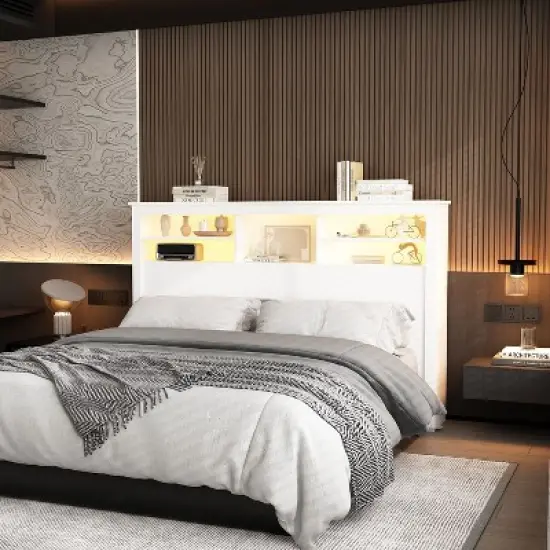 Famapy White Headboard With Storage Shelves & Remote Adjustable Light image {2}