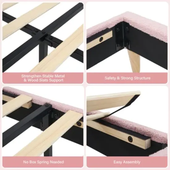 Pink Twin Bed Frame for Kids, Upholstered Platform Bed with Cute Boucle Velvet Headboard for Girls image {6}