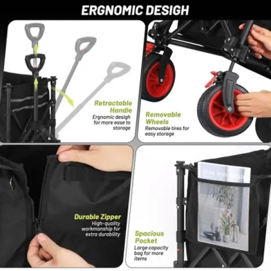 Garvee Foldable Wagon Cart with Big Wheels, Collapsible Utility Cart with Adjustable Handle, Side Pockets and Cup Holder for Shopping, Garden, Black image {5}