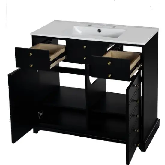 Okak 36" Modern Vanity Set, Solid Wood Cabinet with Ceramic Sink & Soft Closing Doors, Water-Resistant Finish for Small Bathrooms & Apartments image {5}