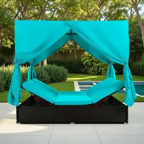 Outdoor Patio Rattan Canopy Daybed Sunbed with Curtain and Adjustable Seat image {7}