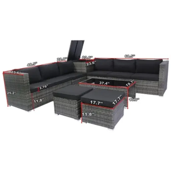 YOOCOZZ 8-Piece Outdoor PE Rattan Sectional Sofa Set with Storage Box, Table, and Stools, Free Combination - Grey image {11}