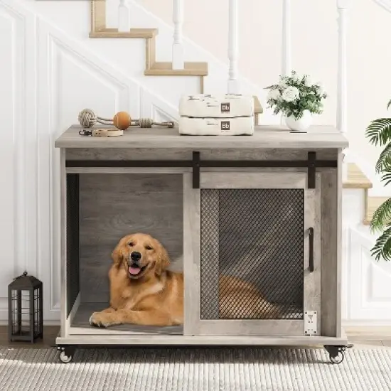 37 Inch Dog Crate Furniture, Indoor Dog Cage with Sliding Barn Door, Flip Top Dog Kennel End Table with Removable Divider image {8}