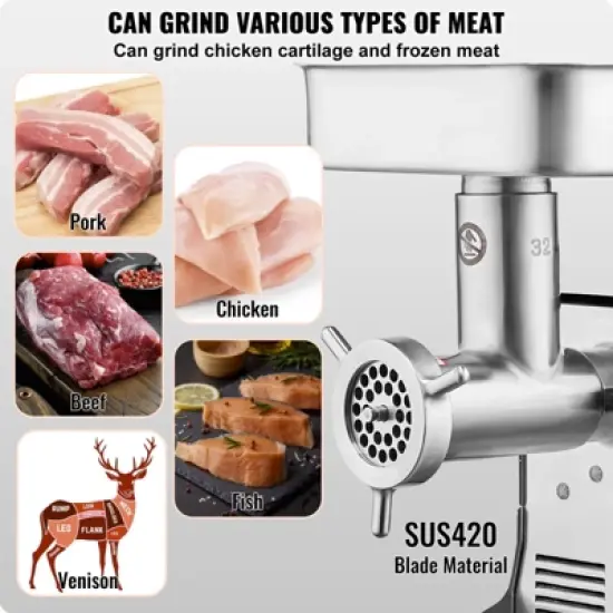 VEVOR Meat Grinder, 21 Lbs/Min Capacity Electric Meat Grinders with Blade, Grinding Plate, Sausage Maker, Stainless Steel Commercial Meat Mincer image {4}