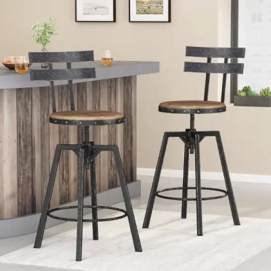 Set of 2 Alanis Modern Industrial Firwood Adjustable Height Swivel Barstools Natural/Black Brushed Silver - Christopher Knight Home image {1}
