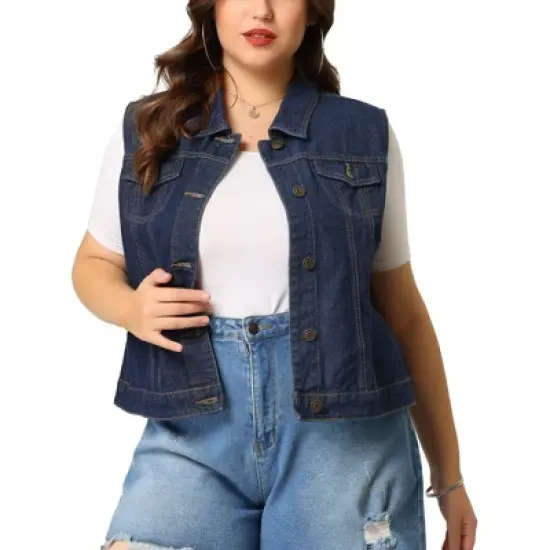 Agnes Orinda Women's Plus Size Buttons with Two Chest Flap Pockets Denim Vests image {10}