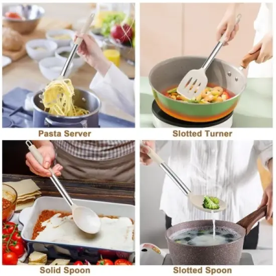 Itopfox 5-Piece Silicone Kitchen Utensil Set with Stainless Steel Handles for Nonstick Cookware, Heat-Resistant & Easy to Clean, Khaki image {3}