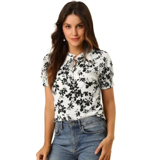 Allegra K Women's Ruffle Tie V Neck Casual Smocked Short Sleeve Floral Top Blouse image {8}