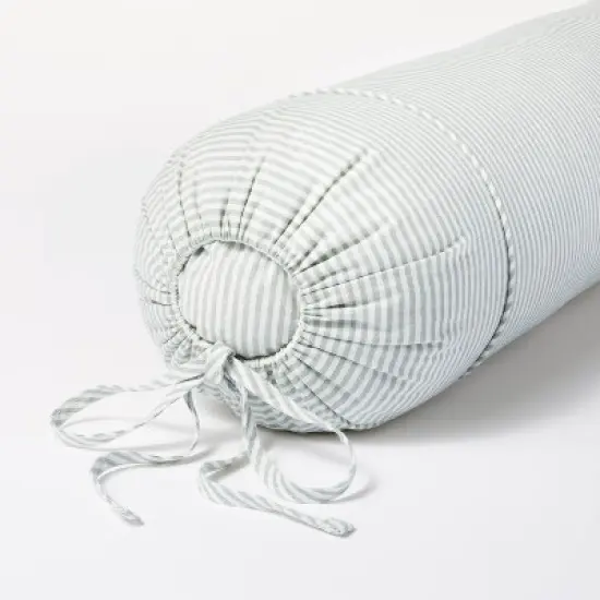 Oversized Bolster Woven Striped with Piping Cylinder Throw Pillow White/Light Teal Green - Threshold&trade; designed with Studio McGee: Cotton Fabric image {3}