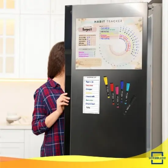 SCRIBBLEDO Magnetic Habit Tracker Calendar 13"x17" Fridge Dry Erase Board with 6 Markers image {5}