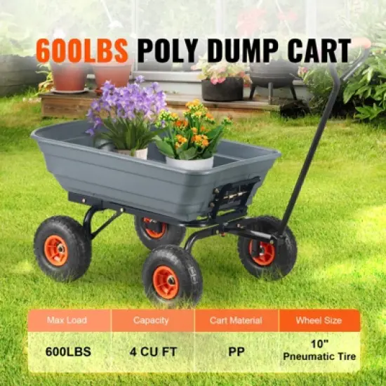 VEVOR Garden Cart, Durable Poly Dump Cart with Simple Assembly Steel Framework, Versatile Dump Cart, 600 lbs Load Capacity, 10 inch Wheels image {2}
