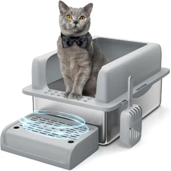 Stainless Steel Cat Litter Box with Cleaning Pedal, 6/8 Inch Deep, Dark Gray, High Wall Non-Stick Leak-Proof Cat Box, Easy to Clean for Indoor Cats image {8}