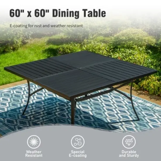 Captiva Designs 9pc Spacious Slat-top Square Metal Table with Umbrella Hole & Fixed Metal Chairs with Cushions image {3}