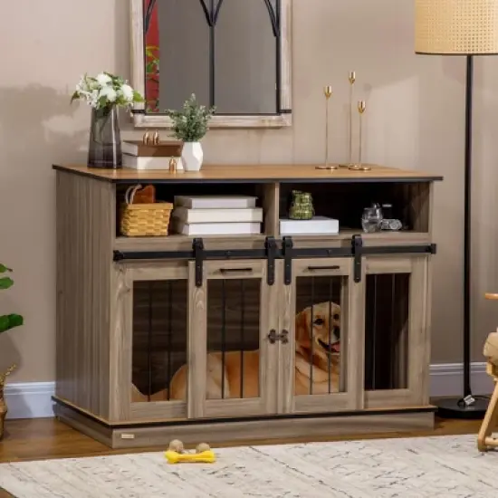 PawHut Dog Crate Furniture for Large Dogs, Double Dog Kennel for Small Dogs with Shelves, Sliding Doors image {2}