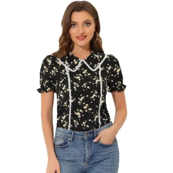 Allegra K Women's Floral Peter Pan Collar Lace Trim Ruffle Sleeve Blouses image {8}