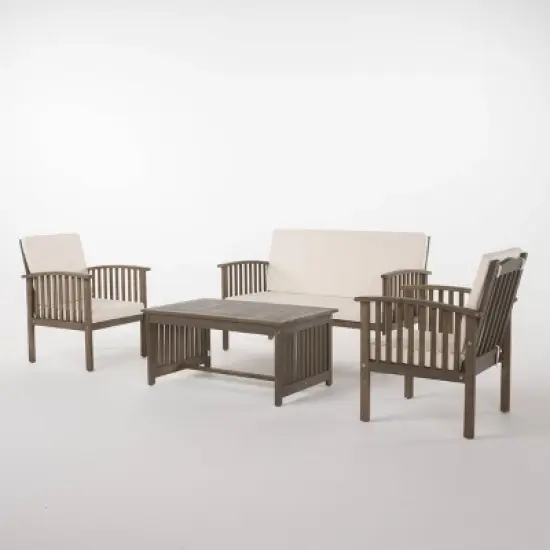 Carolina 4pc Acacia Wood Chat Set - Gray - Christopher Knight Home: Outdoor Seating with Cushions & Coffee Table image {1}