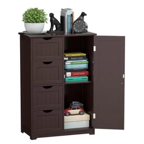 Costway Wooden 4 Drawer Bathroom Cabinet Storage Cupboard 2 Shelves Free Standing Brown image {9}