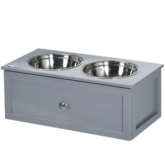 PawHut Elevated Dog Bowls, Raised Dog Bowl Stand with Storage, 2 Stainless Steel Bowls, Pet Feeding Station for Medium Dogs, Indoor Use, Gray image {3}