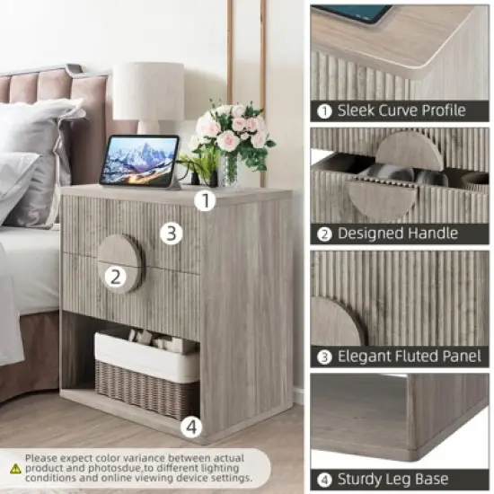 Whizmax Fluted Nightstand with Charging Station - 2 Drawers + Open Shelf, Modern Wood Bedside Table for Bedroom & Living Room Storage image {4}
