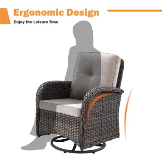 Buenhomino 7PCS Patio Conversation Set Brown Wicker Swivel Patio Chair Sofa Ottoman Set with Side Table and Fire Table PE Rattan Furniture Set image {11}