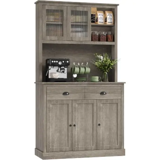 GustoWave 5-door Kitchen Pantry Cabinet, 71" Tall Storage Pantry with Microwave Stand, Modern Kitchen Hutch Cabinet, Rustic Grey image {8}