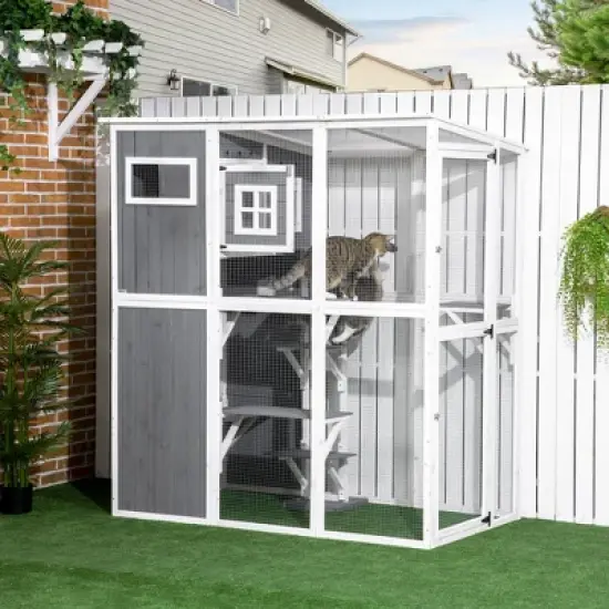 PawHut Walk-in Catio Outdoor Cat Enclosure, 7 Perches & Divided Den, Outdoor Cat House Weatherproof, Cat Shelter Kitty House Cat Cage, Cat Gift, Gray image {2}