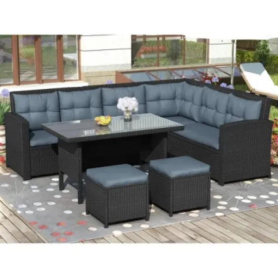 6pc Wicker Patio Conversation Set with Glass Table Ottomans & Cushions - Black/Dark Gray - GODEER image {2}