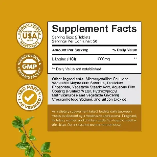 Lysine Tablets, High Strength L-Lysine Supplement for Eye Health Lip Care Collagen Synthesis and Immune Support, Nature's Craft, 100ct image {2}