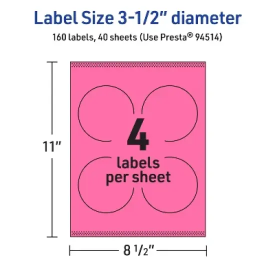 Avery Bright Pink Paper Labels, 3.5" Diameter Round image {4}
