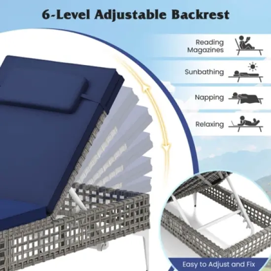 Costway 1/2 PSC Patio Chaise Lounge Chair with 6-Level Adjustable Backrest Removable Cushion Navy/White/Gray image {5}