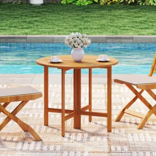 Costway 2PCS 36" Outdoor Folding Round Dining Table with  Slatted Tabletop for Backyard image {4}