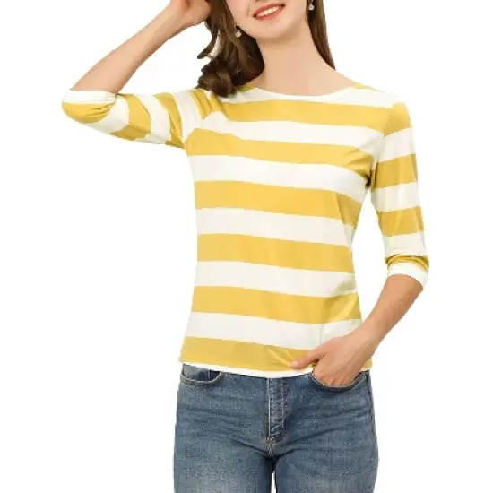 Allegra K Women's Elbow Sleeves Casual Basic Boat Neck Slim Fit T-Shirts image {16}