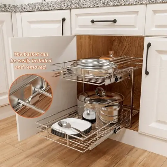 LOVMOR Individual Pull Out Cabinet Organizer (14" W x 21" D), 2 Tier Spice Rack Organizer for Cabinet, Slide Out Drawer Pantry image {4}