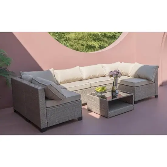 Gulches light khaki 7-Piece Patio Furniture Set  All-Weather Boho Outdoor Conversation Set Sectional Sofa with Water Resistant Thick Cushions image {4}