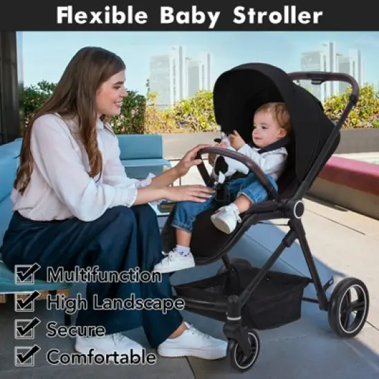 Foldable Baby Stroller, High Landscape Pushchair, Convertible Infant Pram with Reversible Backrest, Storage Basket image {5}