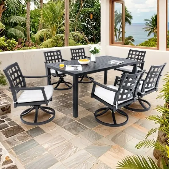 7 Piece Cast Aluminum Patio Dining Set with Rectangular Table and Six Swivel Rocking Chairs Sunbrella Cushions for Outdoor Garden Deck-Maison Boucle image {1}