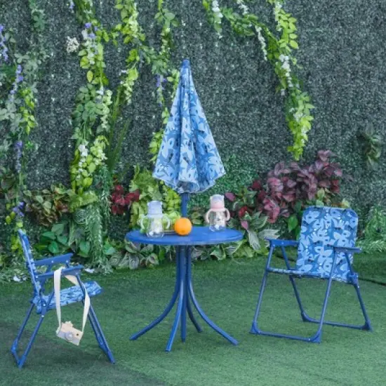 Outsunny Kids Folding Picnic Table and Chair Set Shark Pattern Outdoor Garden Patio Backyard with Removable & Height Adjustable Sun Umbrella image {1}
