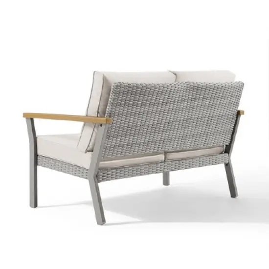 SONGMICS HOME Sencillo Collection - Loveseat, 2-Seat Sofa, Lounge Chair, Patio Seat, with Faux Wood Armrests,Gray and Beige image {3}