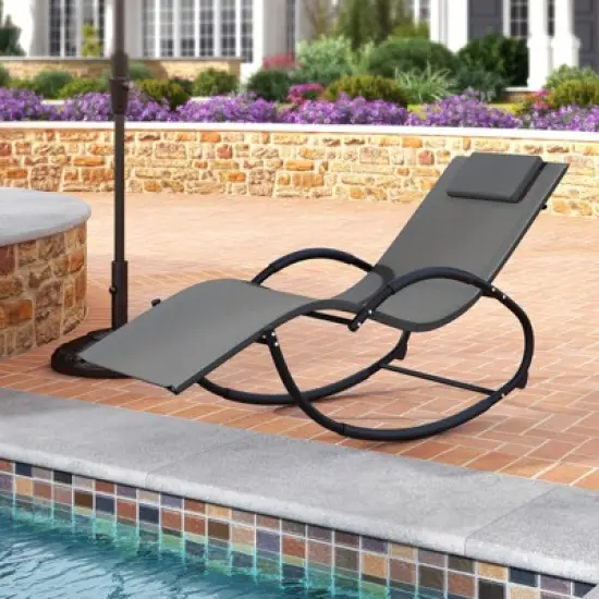 Costway 1/2 PCS Outdoor Rocking Lounge Chair with Removable Headrest Breathable Backrest & Seat Grey image {3}