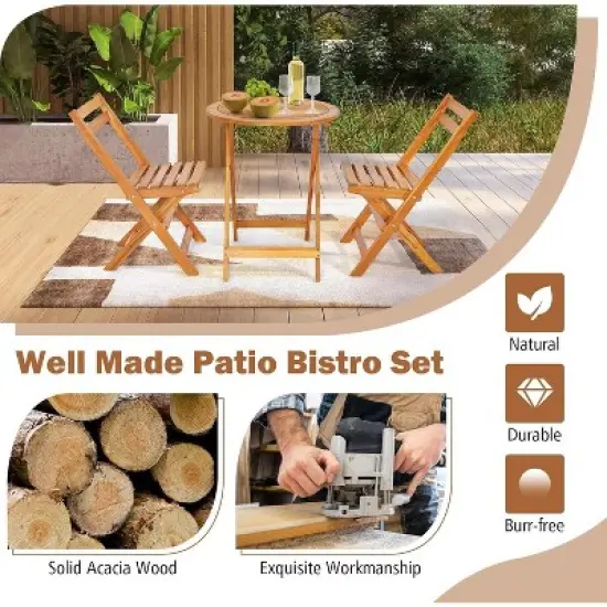 Tangkula 3PCS Folding Bistro Set Solid Acacia Wood Table & Chairs Slatted Tabletop Patio image {7}