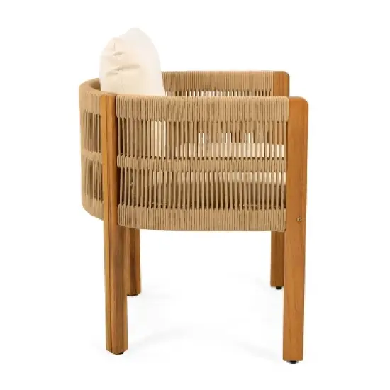 Christopher Knight Home Corin Elara 5 Piece Patio Acacia Wood Woven Rope Dining Set with Slatted Table and Cushions image {6}