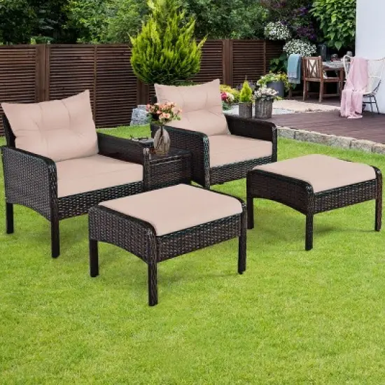 Tangkula 5-Piece Patio Rattan Conversation Set Cushioned Sofas and Ottoman Set with Table image {2}
