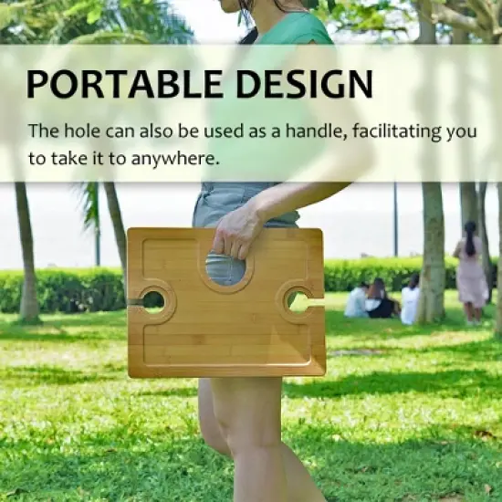 Tirrinia 15.7" x 11.8" Eco - friendly Natural Bamboo Wine Picnic Table, Folding Portable Outdoor Wine Glasses & Bottle, Snack and Cheese Holder Tray image {4}