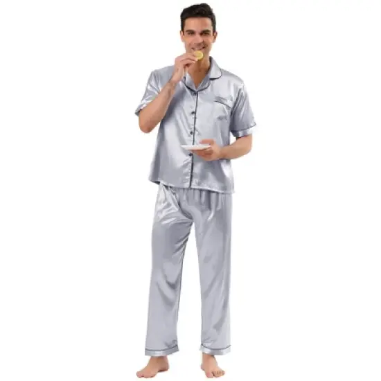 Lars Amadeus Men's Classic Satin Pajama Sets Short Sleeves Button Down Nightwear Sleepwears Loungewear Pjs image {6}