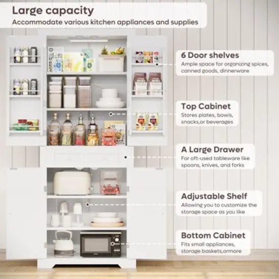 Bestier 72" Tall Kitchen Pantry Storage Cabinet with Doors and Shelves, Food Pantry Cabinet with Motion Sensor Light, White image {2}