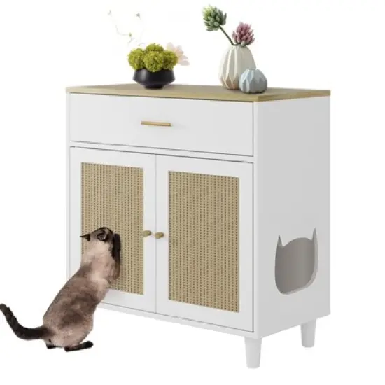 Cat Litter Box Cabinet Corner Hidden Litter Box Enclosure with Scratching Board Doors image {8}